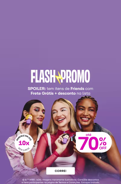 Três mulheres sorrindo e segurando produtos de maquiagem, com um banner promocional de 70% de desconto.