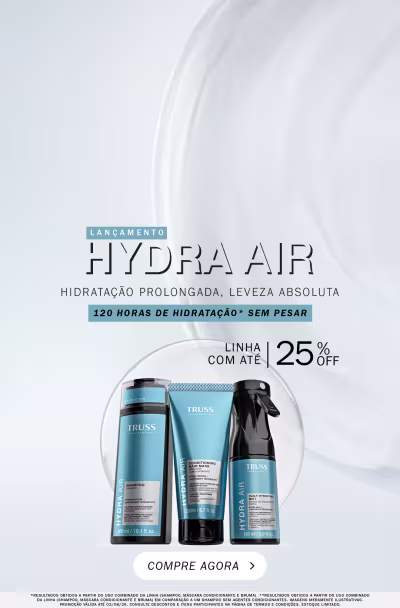 Imagem de uma mulher com cabelos longos e ondulados voando ao vento, e a promoção de 25% de desconto na linha de lançamento Hydra Air, que promete hidratação prolongada e leveza absoluta por 120 horas, sem pesar.
