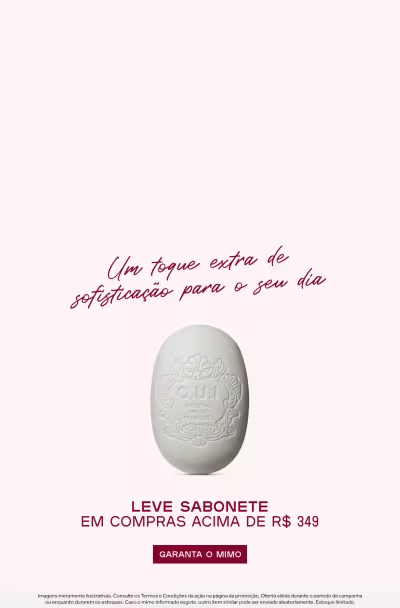 Um toque extra de sofisticação para o seu dia. Leve sabonete em compras acima de R$349,00. Garantia de 6 meses.