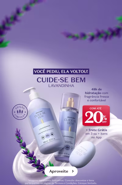 Fundo lilás com produtos de Cuide-se Bem Lavandinha. A comunicação fala sobre hidratação de 48h com fragrância fresca e confortável. Com até 20% de desconto e frete grátis em 3 itens no app.