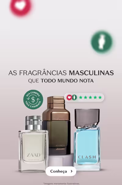 Fundo claro com fragrâncias no centro comunicando "As fragrâncias masculinas que todo mundo nota, com classificações de 5 estrelas."