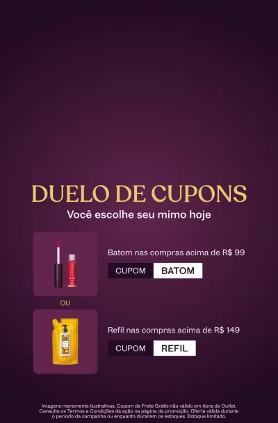 Comunicação sobre duelo de cupons sobre fundo roxo: BATOM em compras acima de R$ 99 x REFIL em compras acima de R$ 149.