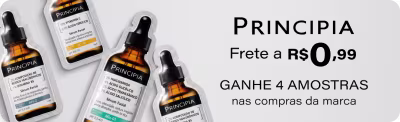 Banner Principia com frascos de séruns e ampolas. Texto: Principia. Ganhe 4 amostras nas compras da marca.