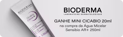 Imagem de um produto da marca Bioderma, com destaque para a oferta de um mini cicabio de 20ml na compra da Água Micelar Sensibio AR+ de 250ml.