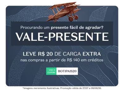 O banner promocional apresenta um vale-presente com R$20 de carga extra nas compras a partir de R$140 em créditos, usando o cupom "BOTIPAIS20". Há também dois cartões verdes com a marca "OBOTICARÍO".