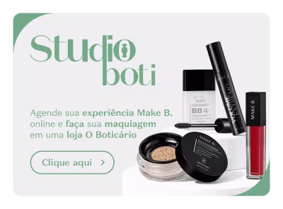 O banner mostra uma mulher aplicando maquiagem em seu rosto, comunicando a Experiência de Beleza Boti.