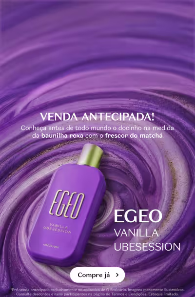 Imagem de um frasco de Eau de Parfum da marca Egeo, com o nome "Vanilla Ubession" em fundo roxo com efeito de ondas. O texto "Venda Antecipada!" é exibido acima do produto.