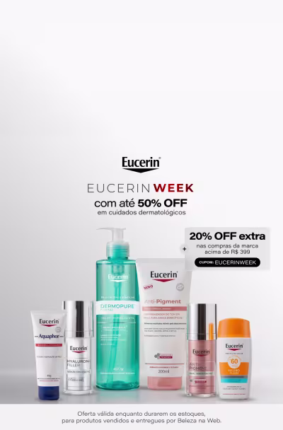 Eucerin Week com até 50% de desconto em cuidados dermatológicos. Produtos Eucerin Dermopure, Hyaluron-Filler, Sun e outros com 20% de desconto extra. Oferta válida enquanto durarem os estoques, para produtos vendidos e entregues pelo Boticário na Web.