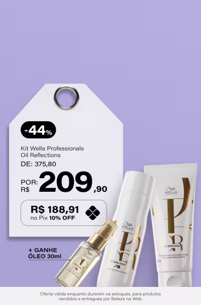 [Wella Week] Kit Wella Professionals Oil Reflections Duo (2 Produtos) De: R$ 375,8 Por: R$ 209,9 Selo: 44% OFF + Ganhe óleo 30ml (10% OFF no Pix R$188,91) *Vendidos e entregues por Beleza na Web