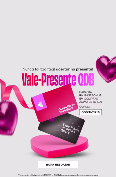 Vale-Presente QDB: Bora resgatar! Experiência de Beleza QDB. Nunca foi tão fácil acertar no presente! Garantia de R$10 de bônus em compras acima de R$100. Cupom: QDBINVER10.
