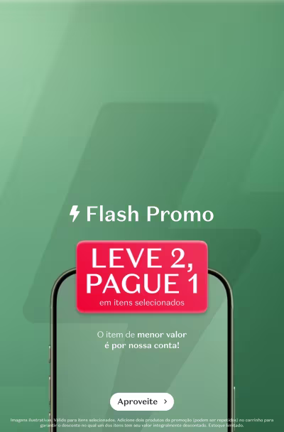 Smartphone exibindo oferta promocional "Leve 2, pague 1" em itens selecionados. O item de menor valor é por nossa conta.