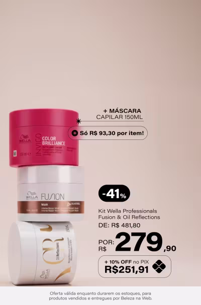 [Wella Week] Kit Wella Professionals Fusion & Oil Reflections Duo Mask (2 Produtos) De: R$ 481,8 Por: R$ 279,9 Selo: 41% OFF + Máscara capilar 150ml (10% OFF no Pix R$251,91) *Vendidos e entregues por Beleza na Web