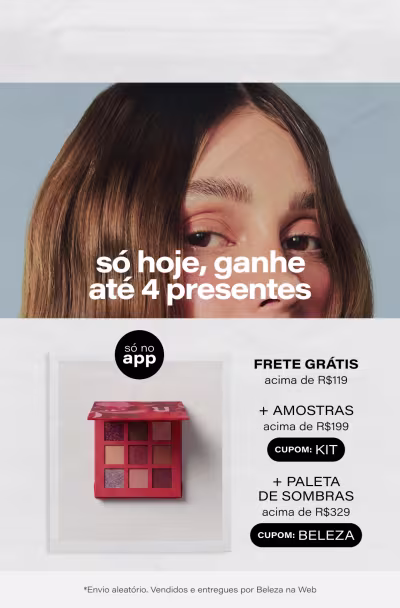 MIMO LOVERS: Frete Grátis para Sul e Sudeste nas compras acima de R$119 só no app. Ganhe Frete Grátis e Kit Mimos acima de R$199  + Paleta de Sombras acima de R$329 no app" *Envio aleatório *Vendidos e entregues por Beleza na Web