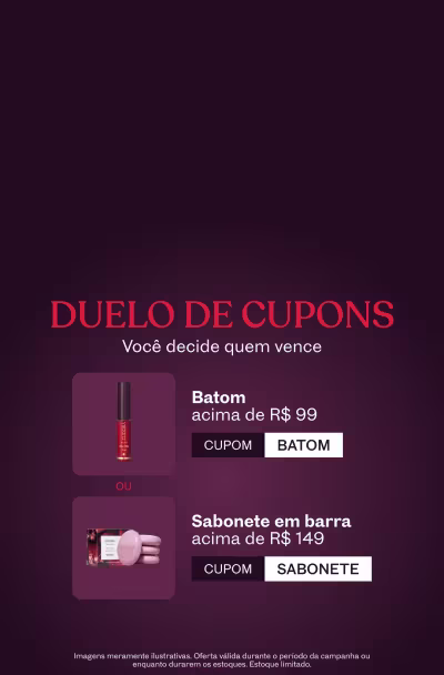 Fundo roxo comunicando em texto a promoção de "Duelo de Cupons" com o cupom: BATOM e cupom: SABONETE.