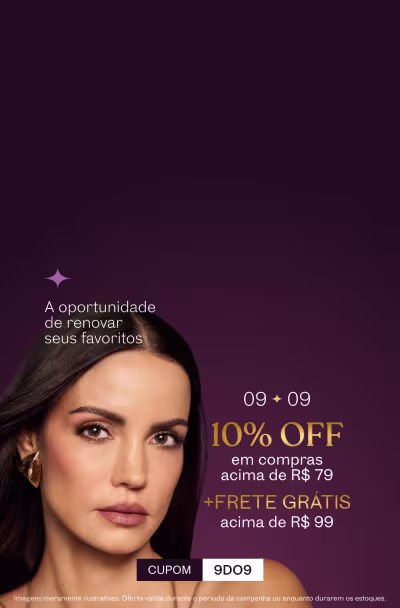 Mulher com cabeços longos e brinco dourado em fundo roxo, comunicando a promoção do dia 09/09 com benefícios progressivos válidos por tempo limitado.