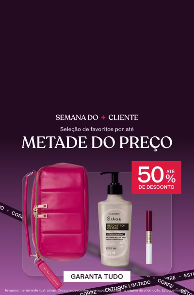 Imagens ilustrativas de nécessaire, produto de Eudora Siàge e gloss, em fundo roxo, comunicando a promoção Semana do Cliente com descontos de até 50%.