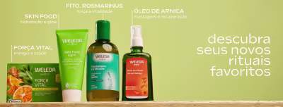 Seleção de produtos Weleda em fundo verde claro: Força Vital, óleo com energia e saúde; Skin Food Light, creme com hidratação e glow; Fito. Rosmarinus, xarope com força e vitalidade; Fitoshampoo Fortificante, frasco de 250ml com fortalecimento capilar; Óleo de Arnica, óleo para massagem e recuperação. Texto destacado: "descubra seus novos rituais favoritos".
