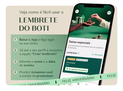 O aplicativo Lembrete do Boti permite que os usuários criem lembretes para eventos especiais, como aniversários. Possui uma interface intuitiva, com opções para fazer login, visualizar o perfil, informar o nome e data do evento, e receber notificações sobre o evento. Destaca as principais funcionalidades do aplicativo em um design verde e minimalista.
