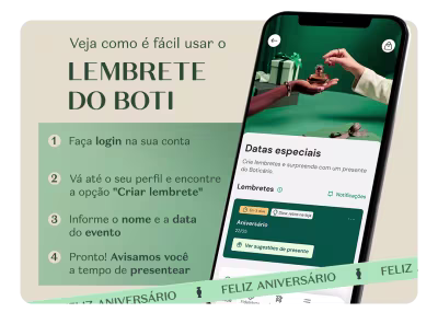 O aplicativo Lembrete do Boti permite que os usuários façam login, visualizem seu perfil e encontrem a opção "Criar lembrete", onde podem informar o nome e a data do evento. O aplicativo então avisa o usuário sobre o evento com antecedência.