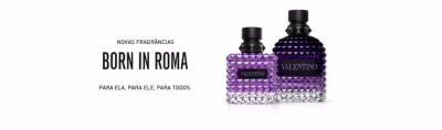 Novas Fragrâncias Born in Roma. Para ela, para ele, para todos. Dois frascos de Eau de Parfum Valentino com texturas em relevo, um em tons de roxo e outro em roxo e cristal, com tampas pretas.