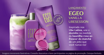 Desodorante colônia oriental fresco. Egeo Vanilla Ubesession o Boticário proporciona perfumação gourmand autêntica, viciante e com alta fixação.