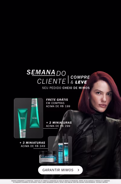 Mulher com cabelos longos e lisos. Ao lado, há uma promoção de compre acima de R$ 299 e leve frete grátis, acima de R$ 349 leve 2 minis e acima de R$ 399 leve mais 3 minis.
