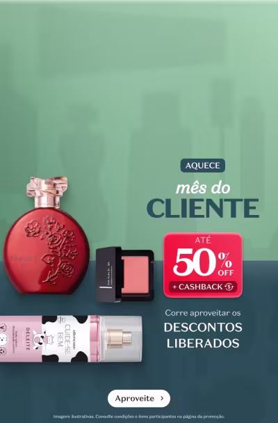 Imagem de um banner promocional do Grupo Boticário. O banner destaca uma oferta de até 50% de desconto para clientes, com cashback adicional. Há imagens de produtos da marca, incluindo um frasco de perfume vermelho com flores estampadas. O texto convida o cliente a aproveitar os descontos liberados.