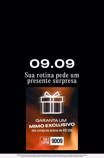 Banner preto comunicando a promoção 09/09 com mimo exclusivo em compras acima de R$ 129 com o cupom: 9DO9.