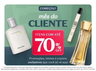 Imagem promocional do Grupo Boticário apresentando ofertas e descontos de até 70% em itens diversos. A imagem exibe dois frascos de produtos da marca Boticário, um desodorante colônia e uma loção corporal, além de um cartaz vermelho com a informação "ITENS COM ATÉ 70% OFF".