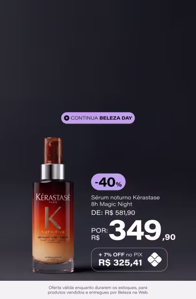 Kérastase Nutritive 8h Magic Night - Sérum Capilar Noturno 90ml de: R$581,9 por: R$349,9 *Selo: 40% OFF (Pix: 325,41 - 7% OFF) *Vendidos e entregues por Beleza na Web