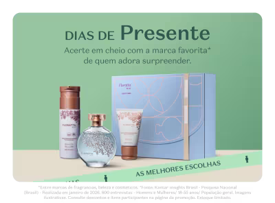 A imagem apresenta uma caixa de presente da marca Floratta, contendo um frasco de Eau de Parfum, um desodorante colônia e uma loção corporal. Ao lado, há uma oferta de até 45% de desconto e cashback. O texto destaca que é o "Dia do Presente" e sugere que o consumidor escolha um presente da marca favorita de quem deseja surpreender.