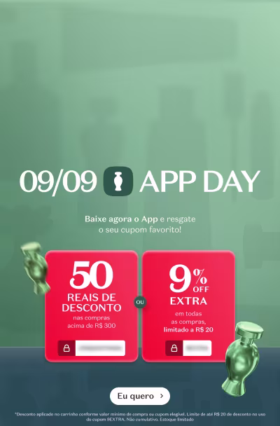 09/09 APP DAY. Oferta de 50 reais de desconto em compras acima de R$300,00 e 9% de desconto extra em todas as compras limitadas a R$20,00. Leia o QR Code para acessar o aplicativo.