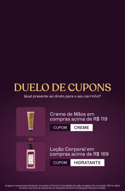 Duas imagens ilustrativas de mimos sobre banner roxo com letras brancas e douradas comunicando a promoção duelo de cupons.