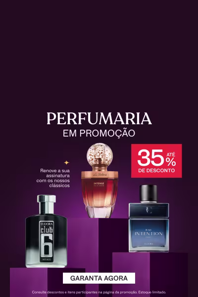 Promoção de perfumaria com até 35% de desconto. Diversos frascos em destaque.