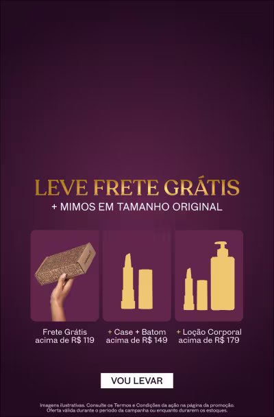 Fundo roxo com letras brancas e douradas comunicando mimos em tamanho regular em compras a partir de R$ 119.
