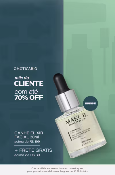 [O Boticário] Semana do cliente: com até 70% OFF + Ganhe Frete gratis mas compras acima de R$39 + Ganhe Elixir Facial 30ml nas compras acima de R$199