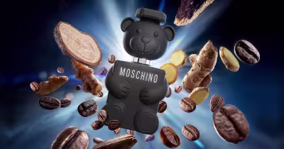 Frasco preto em formato de urso com cabeça destacável com orelhas, apresentando a marca MOSCHINO, cercado por ingredientes como grãos de café e gengibre.