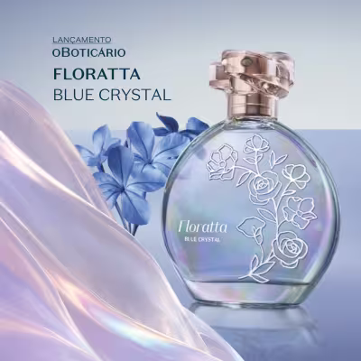Lançamento Boticário Floratta Blue Crystal Eau de Parfum com até 20% de desconto. Ganhe Elixir Facial 30ml nas compras da marca acima de R$19990. Frasco translúcido em tons azulados com detalhes florais em relevo e tampa rosé, acompanhado de frasco menor do elixir facial com conta-gotas.