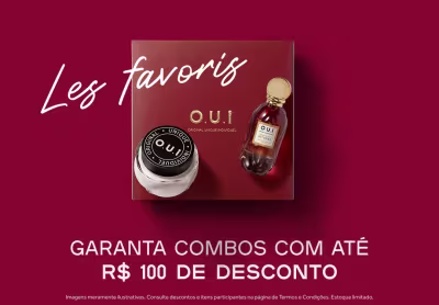 Um frasco de fragrância e creme corporal O.U.i sobre fundo vermelho comunicando combos com até R$ 100 de desconto.