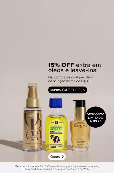 Os seus aplicadores de cabelos favoritos estão aqui! Na compra de qualquer item da seleção acima de R$149, ganhe 15% OFF extra (limitado em R$20) *Válido somente pra produtos vendidos e entregues por Beleza na Web