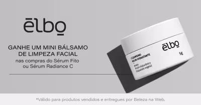 Elbo oferece mini bálsamo de limpeza facial nas compras do Sérum Fito ou Sérum Radiance C, com garantia válida para produtos vendidos e entregues por Beleza na Web.