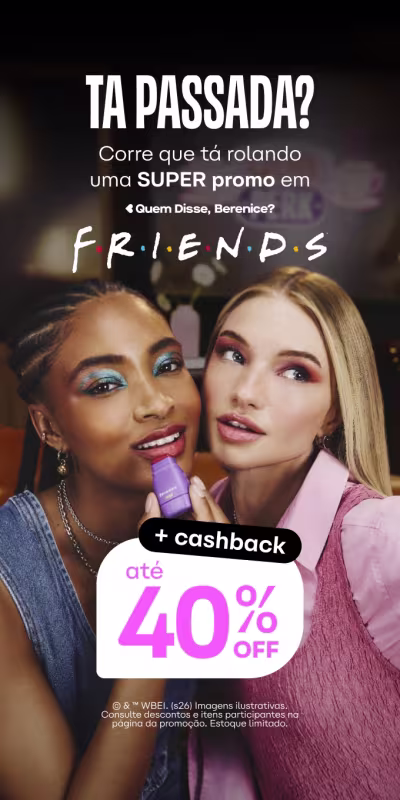 A imagem mostra um cenário com uma porta roxa e alguns brinquedos pendurados nela, incluindo personagens da série de TV "Friends". Há um banner promocional com o texto "Quem Disse, Berenice? FRIENDS Encha a sacolinha com tudo o que você ama na série e no melhor" e um botão com o texto "QUERO JÁ". Também há um adesivo com o texto "+cashback 40% OFF".