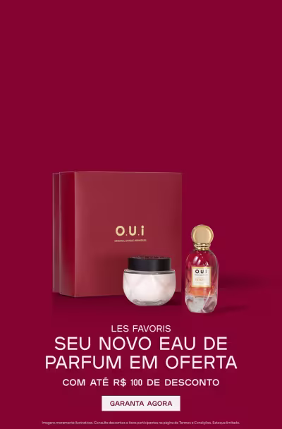Um frasco de fragrância e creme corporal O.U.i sobre fundo vermelho comunicando combos com até R$ 100 de desconto.