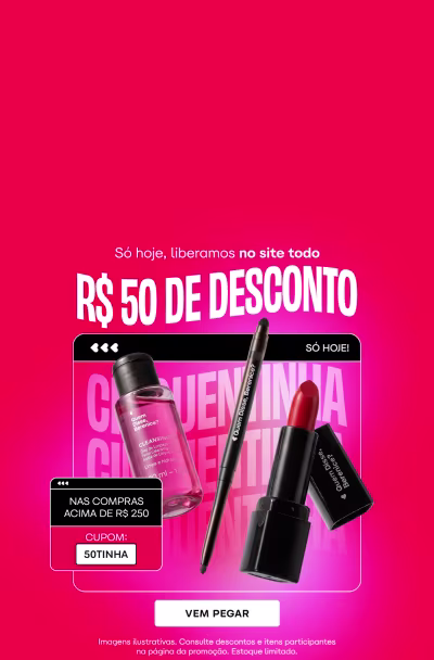 Desconto de R$50 em compras acima de R$250 no site da marca. Imagem com fundo preto e vermelho, exibindo produtos da marca como batom, esmalte e lápis de olho.