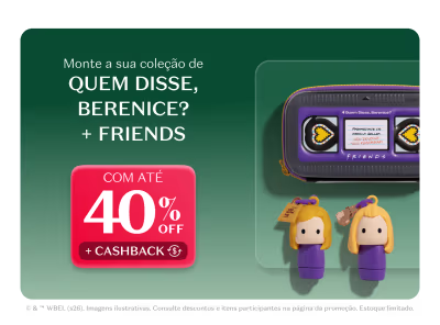 Imagem de um anúncio promocional de uma marca de brinquedos. O anúncio apresenta um controle remoto de brinquedo em cores laranja e roxo, com dois bonecos de brinquedo ao lado. Há também um livro com corações na capa. O anúncio oferece 40% de desconto e cashback.
