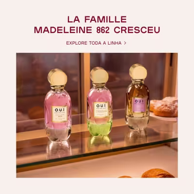 Três frascos de Eau de Parfum Madeleine 862 sobre bancada de vidro convidando para conhecer a linha completa.