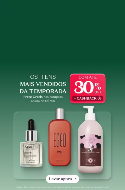 Produtos de beleza com até 30% de desconto. Inclui um soro facial, um hidratante corporal e um desodorante colônia. Frete grátis em compras acima de R$99,00.