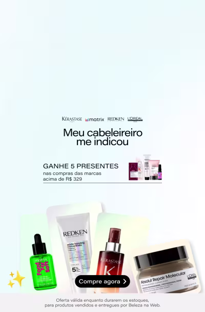 Produtos de cuidados capilares da marca Kérastase, Redken e L'Oréal, incluindo sérum, condicionador e tratamento capilar. Oferta válida por tempo limitado, com a compra de 5 produtos ganhando 5 presentes adicionais.