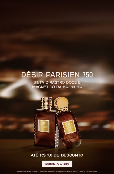 Dois frascos do Eau de Parfum Desir Parisien 750 versão feminina e masculina sobre fundo vermelho.