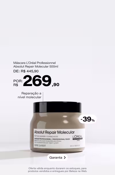 L'Oréal Professionnel Absolut Repair Molecular - Máscara Capilar 500ml De: R$ 445,9 Por: R$ 269,9 Selo: 39% OFF *Vendidos e entregues por Beleza na Web